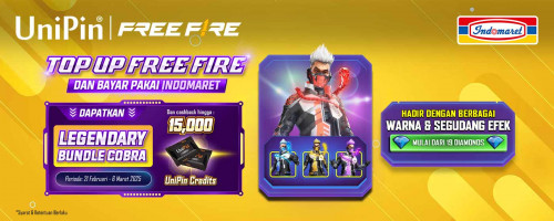Jangan lewatkan Legendary Bundle Cobra & Top Up Diamonds Free Fire Pakai pakai Indomaret Bisa Dapet Bonus Hingga 15.000 UniPin Credits!